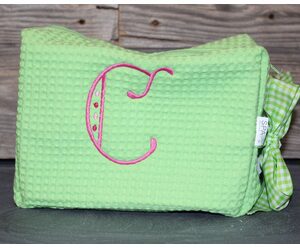 Green waffle pouch with pink embroidered C
