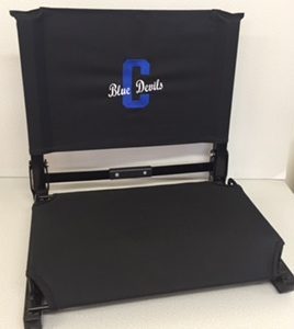 Black portable stadium seat with Blue Devils logo