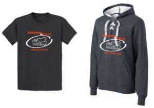 Dark gray t-shirt and hoodie with livestock logo